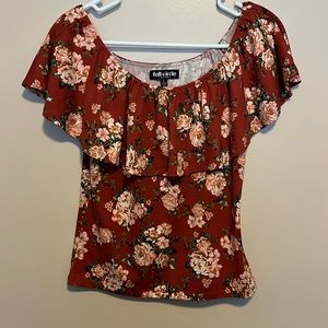 Full Circle Trends Off-Shoulder Orange Floral Top Size L.Casual Round Neck Soft